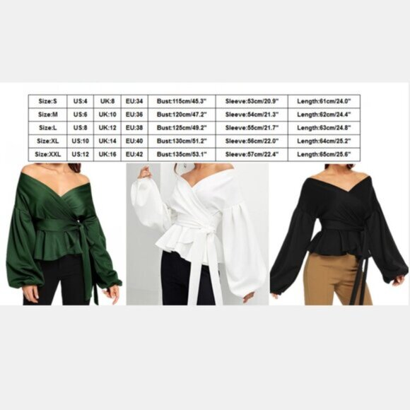 Black Preppy Women Lantern Sleeve Surplice Belted Peplum Off The Shoulder Blouse - Picture 6 of 6